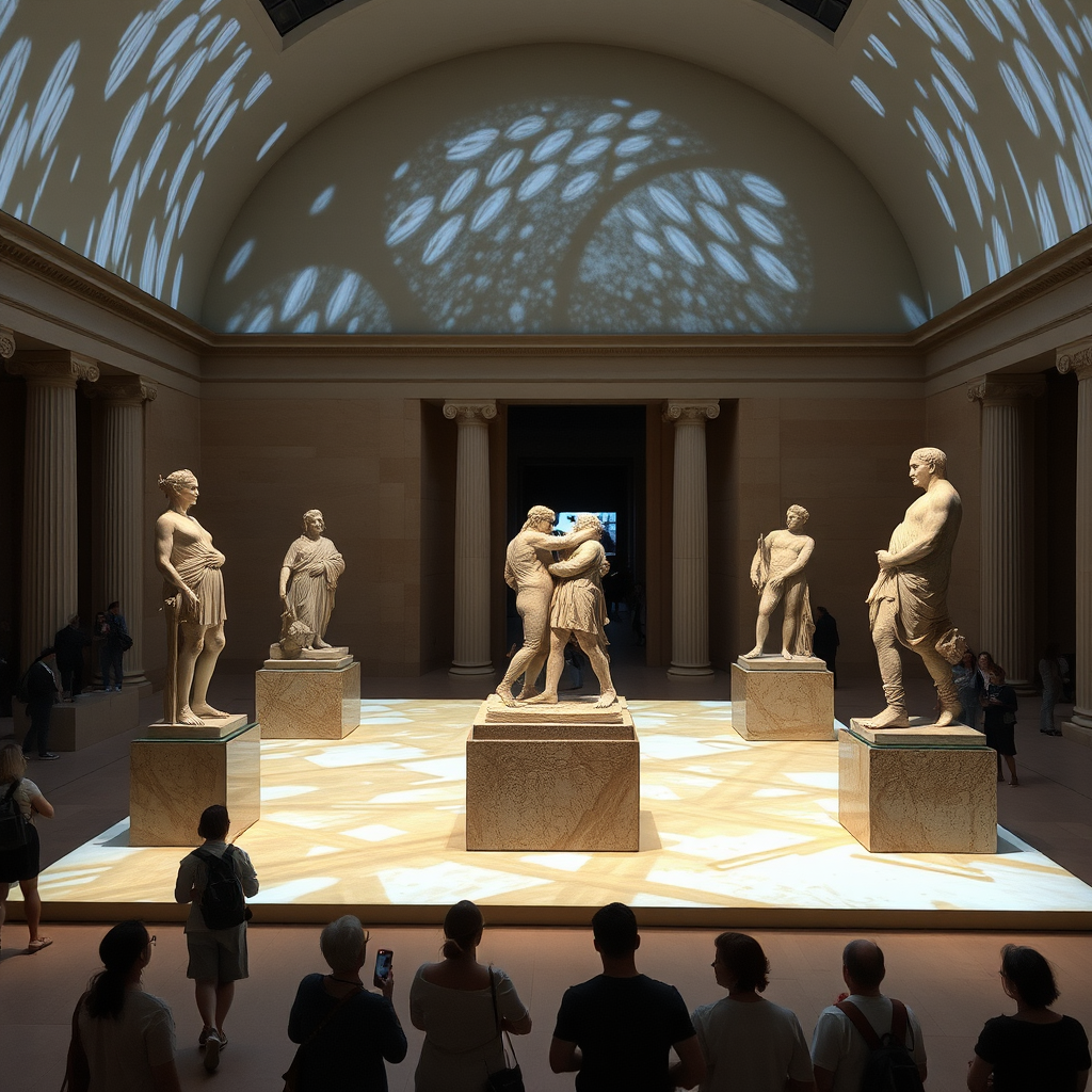 Contemporary art installation featuring digital projections onto ancient stone sculptures in the Metropolitan Museum's main gallery, with visitors observing the fusion of modern technology and classical artifacts